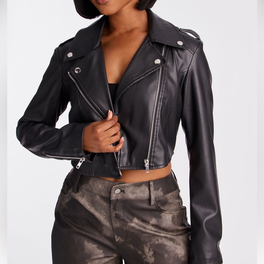 Jamila Black Faux Leather Cropped Moto Jacket